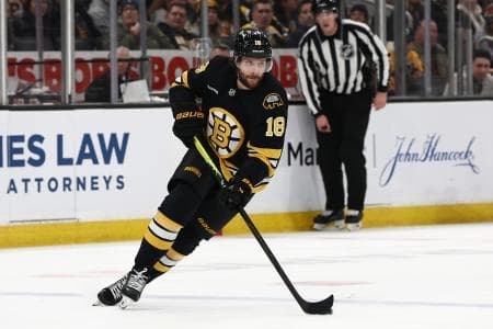 Boston Bruins center Pavel Zacha (18) carries the puck against the New Jersey Devils during the third period at TD Garden.