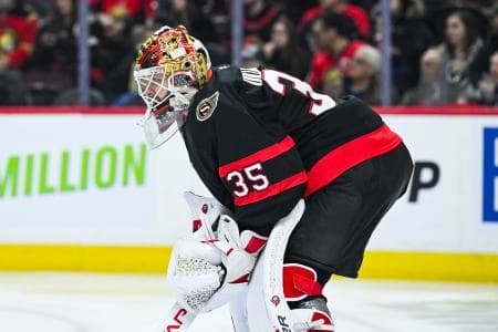 Ottawa Senators goalie Linus Ullmark (35) looks on against the New Jersey Devilsduring the second period at Canadian Tire Centre.