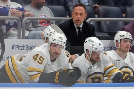 Boston Bruins head coach Marco Sturm coaches against the New York Islanders during the second period at UBS Arena.