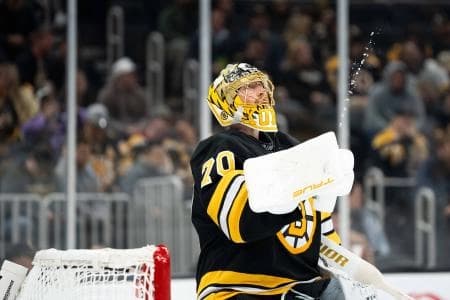 Boston Bruins goaltender Joonas Korpisalo (70) before the second period of the game against the Pittsburgh Penguins at TD Garden.