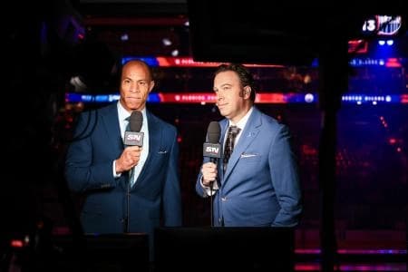 Sportsnet host David Amber (left) and NHL Insider Elliotte Friedman (right) prior to the game between the Edmonton Oilers and the Florida Panthers in game four of the 2024 Stanley Cup Final at Rogers Place.