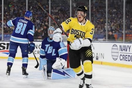 Boston Bruins center Morgan Geekie (39) reacts after scoring a goal against the Tampa Bay Lightning during the first period in the 2026 Stadium Series ice hockey game at Raymond James Stadium.