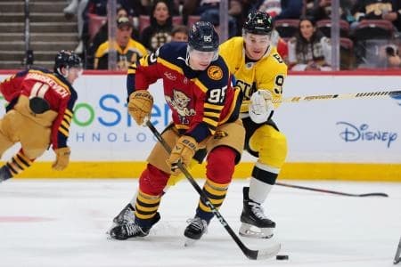 Florida Panthers left wing Sandis Vilmanis (95) moves the puck against Boston Bruins defenseman Nikita Zadorov (91) during the first period at Amerant Bank Arena.