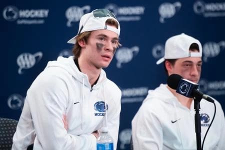 Penn State's Gavin McKenna, left, answers a question during a post-game press conference following a Big Ten hockey game against Michigan State at Beaver Stadium on January 31, 2026, in State College.