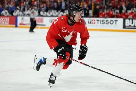 Canada forward Gavin McKenna (9) in action against Finland during the second period in group play during the 2026 IIHF World Junior Championship at 3M Arena.