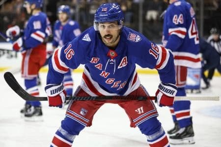 New York Rangers center Vincent Trocheck (16) prepares for a face off in the first period against the Tampa Bay Lightning at Madison Square Garden.
