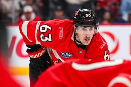 [Imagn Images direct customers only] Team Canada forward Brad Marchand (63) waits for a face-off against Team Sweden in the first period during a 4 Nations Face-Off ice hockey game at Bell Centre.