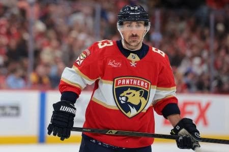 Florida Panthers left wing Brad Marchand (63) looks on against the New York Islanders during the second period at Amerant Bank Arena.