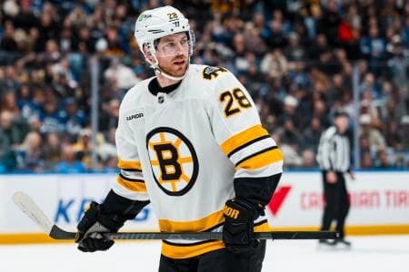 Boston Bruins forward Elias Lindholm (28) during a stop in play against the Vancouver Canucks in the third period at Rogers Arena.