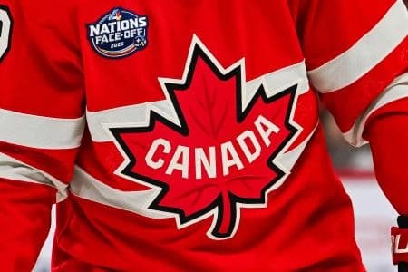 [Imagn Images direct customers only] View of a Team Canada logo on a jersey worn by a member of the team during a 4 Nations Face-Off ice hockey game at Bell Centre.