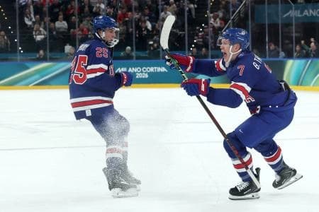 Brady Tkachuk of United States celebrates scoring their second goal with Charlie McAvoy of United States against Denmark in men's ice hockey group C play during the Milano Cortina 2026 Olympic Winter Games at Milano Santagiulia Ice Hockey Arena.
