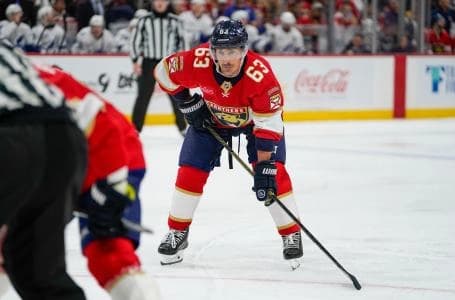 Florida Panthers left wing Brad Marchand (63) waits for a face-off against the Tampa Bay Lightning during the third period at Amerant Bank Arena.