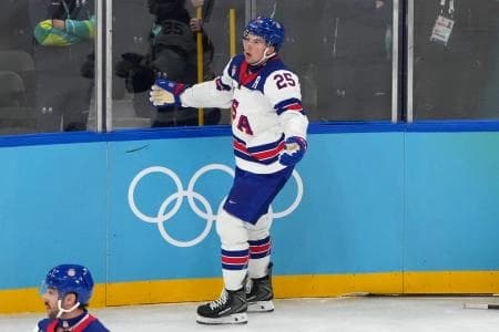 Charlie McAvoy of the United States reacts after being called for a penalty during the men's ice hockey gold medal game during the Milano Cortina 2026 Olympic Winter Games at Milano Santagiulia Ice Hockey Arena.