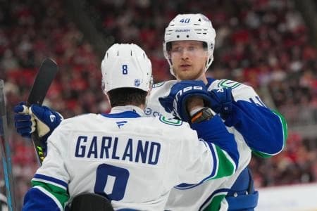 Vancouver Canucks right wing Conor Garland (8) celebrates his goal with center Elias Pettersson (40) against the Carolina Hurricanes during the second period at Lenovo Center.