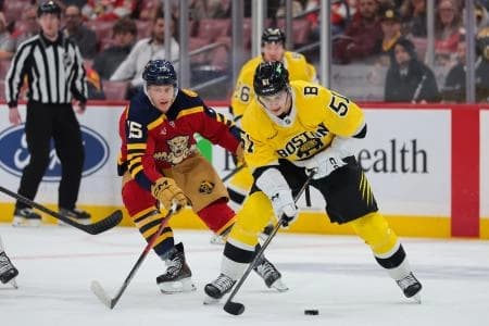 ]Boston Bruins center Matthew Poitras (51) moves the puck against Florida Panthers center Anton Lundell (15) during the first period at Amerant Bank Arena.