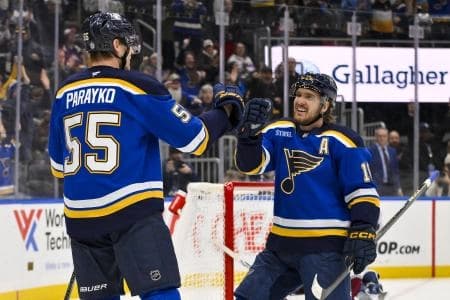 St. Louis Blues defenseman Colton Parayko (55) is congratulated by center Robert Thomas (18) after scoring against the Colorado Avalanche during the second period at Enterprise Center.