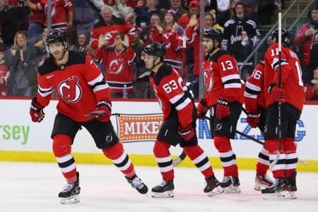 New Jersey Devils defenseman Dougie Hamilton (7) celebrates his goal against the Boston Bruins during the second period at Prudential Center