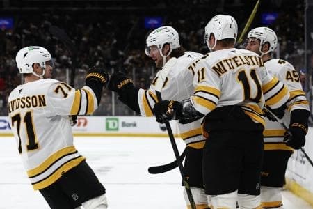 Boston Bruins left wing Viktor Arvidsson (71) congratulates center Pavel Zacha (18) after he scored against the New York Rangers during the first period at TD Garden