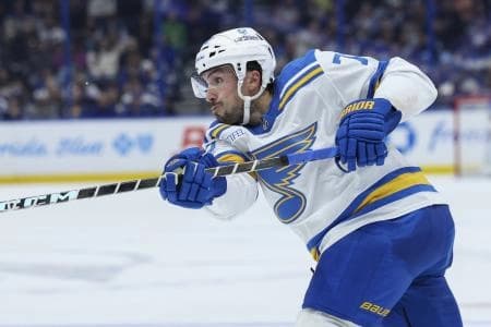 St. Louis Blues defenseman Justin Faulk (72) shoots the puck against the Tampa Bay Lightning in the second period at Benchmark International Arena.