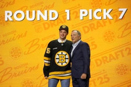 James Hagens is selected as the seventh overall pick to the Boston Bruins in the first round of the 2025 NHL Draft at Peacock Theater