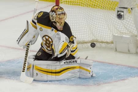 The Ottawa Senators score against Boston Bruins goalie Tuuka Rask (40) in the third period of game two of the first round of the 2017 Stanley Cup Playoffs at Canadian Tire Centre