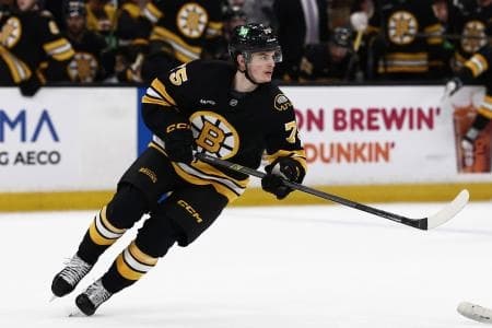 Boston Bruins left wing Lukas Reichel (75) skates against the Toronto Maple Leafs during the third period at TD Garden. :