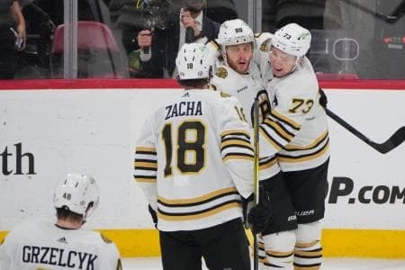 Boston Bruins right wing David Pastrnak (88), Boston Bruins defenseman Charlie McAvoy (73) and Boston Bruins center Pavel Zacha (18) celebrate Pasternak’s goal against the Florida Panthers during the second period at Amerant Bank Arena.