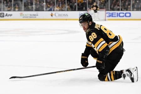 Boston Bruins right wing David Pastrnak (88) falls on the ice during the first period of a game against the Dallas Stars at the TD Garden.