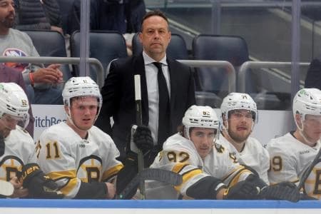 Boston Bruins head coach Marco Sturm coaches against the New York Islanders during the first period at UBS Arena