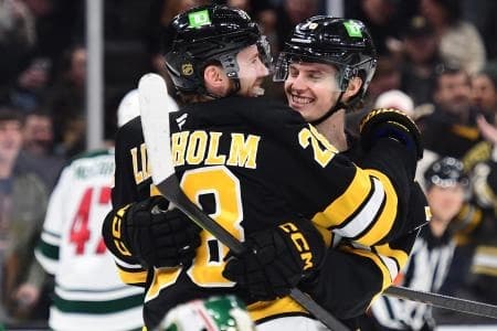 Boston Bruins center Elias Lindholm (28) reacts with forward Lukas Reichel (75) during the third period against the Minnesota Wild at TD Garden
