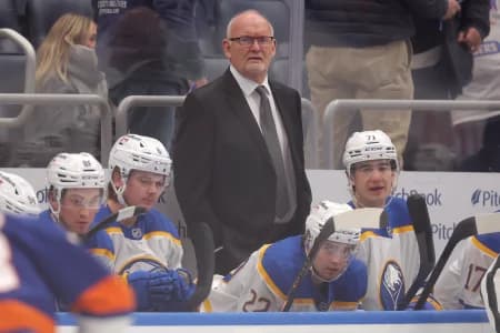 Buffalo Sabres head coach Lindy Ruff coaches against the New York Islanders during the first period at UBS Arena
