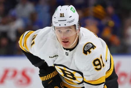 Boston Bruins defenseman Nikita Zadorov (91) waits for the face-off during the first period against the Buffalo Sabres at KeyBank Center.