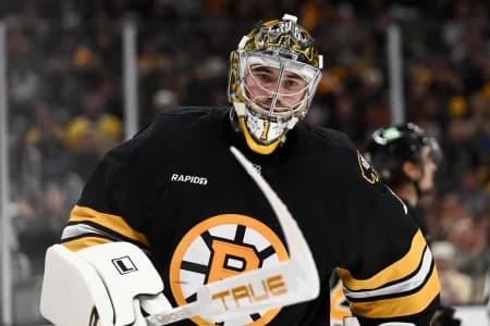 Boston Bruins goaltender Jeremy Swayman (1) skates during a timeout against the Buffalo Sabres during the second period of game three of the first round of the 2026 Stanley Cup Playoffs at the TD Garden.
