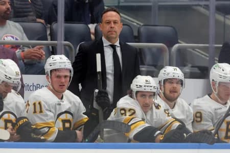 Boston Bruins head coach Marco Sturm coaches against the New York Islanders during the first period at UBS Arena.