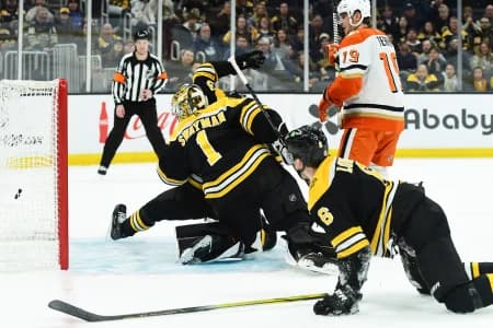 Anaheim Ducks center Leo Carlsson (91) (not pictured) scores the game winning goal past Boston Bruins goaltender Jeremy Swayman (1) during overtime at TD Garden.