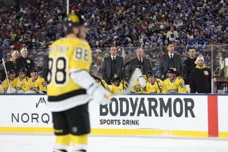 Boston Bruins head coach Marco Sturm looks on from the bench during the first period against the Tampa Bay Lightning in the 2026 Stadium Series ice hockey game at Raymond James Stadium.