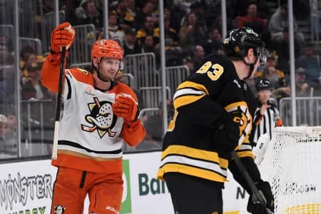 Anaheim Ducks defenseman Jacob Trouba (65) reacts after scoring a goal during the second period against the Boston Bruins at TD Garden.