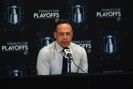 Boston Bruins head coach Marco Sturm talks to the media after losing to the Buffalo Sabres in game four of the first round of the 2026 Stanley Cup Playoffs at TD Garden.