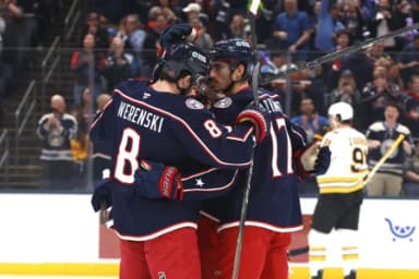 Columbus Blue Jackets left wing Mason Marchment (17) celebrates his goal against the Boston Bruins during the first period at Nationwide Arena.