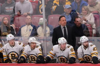 Boston Bruins head coach Marco Sturm watches from the bench against the Florida Panthers during the third period at Amerant Bank Arena.