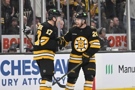 Boston Bruins defenseman Will Borgen (17) celebrates an empty net goal against the San Jose Sharks with center Elias Lindholm (28) during the third period at TD Garden