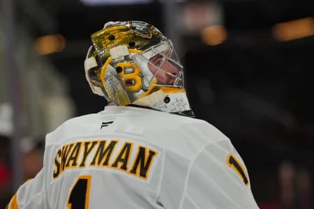 Boston Bruins goaltender Jeremy Swayman (1) looks on against the Carolina Hurricanes during the third period at Lenovo Center.