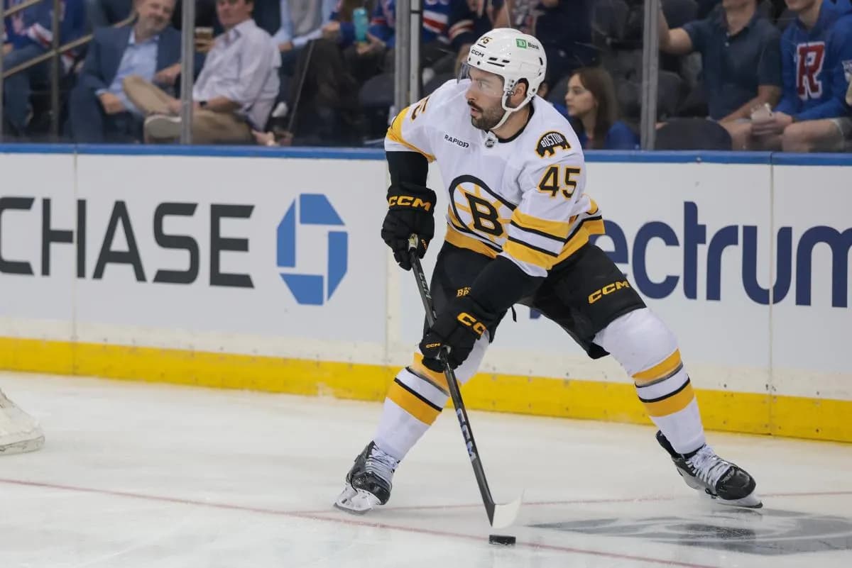 Boston Bruins defenseman Jonathan Aspirot (45) looks pass during the first period of a preseason game against the New York Rangers at Madison Square Garden.