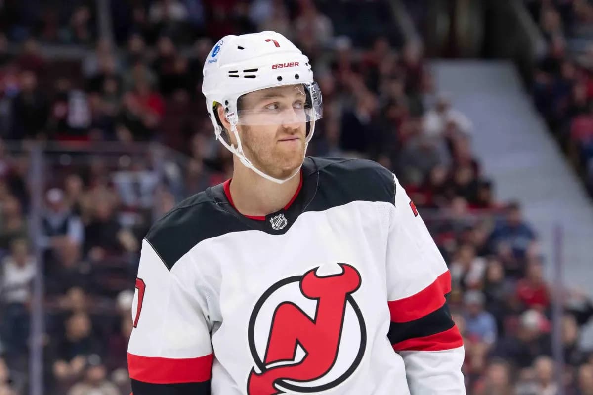 New Jersey Devils defenseman Dougie Hamilton (7) looks up the ice in the second period against the Ottawa Senators at the Canadian Tire Centre.