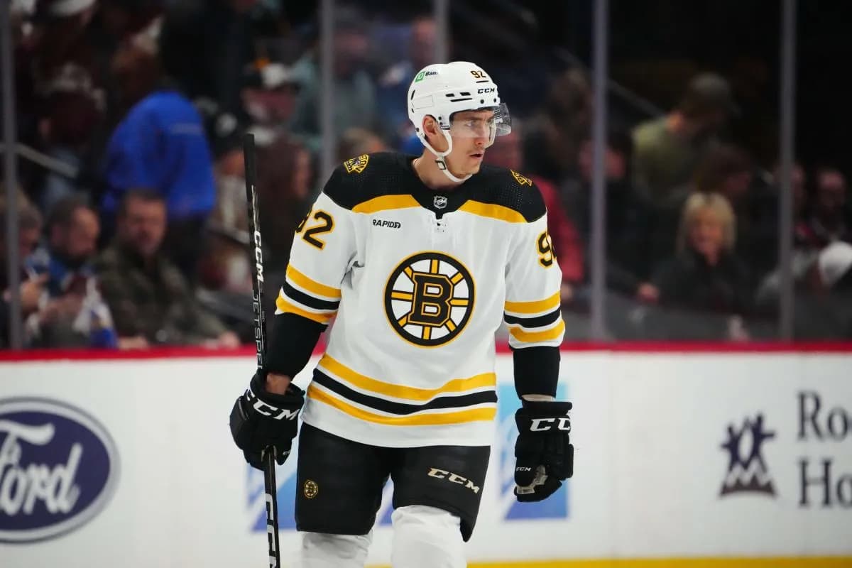 Boston Bruins left wing Tomas Nosek (92) during the first period against the Colorado Avalanche at Ball Arena.