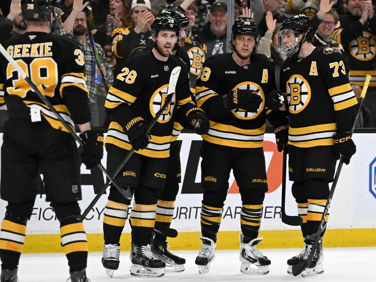 Boston Bruins right wing David Pastrnak #88 celebrates with teammates after scoring a goal against the Ottawa Senators during the first period at the TD Garden.
