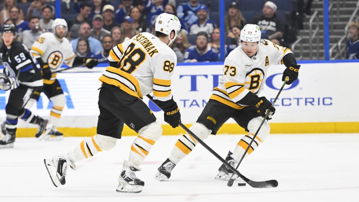 Boston Bruins right wing David Pastrnak (88) and defenseman Charlie Mcavoy (73) skate during the third period against Tampa Bay Lightning at Benchmark International Arena.