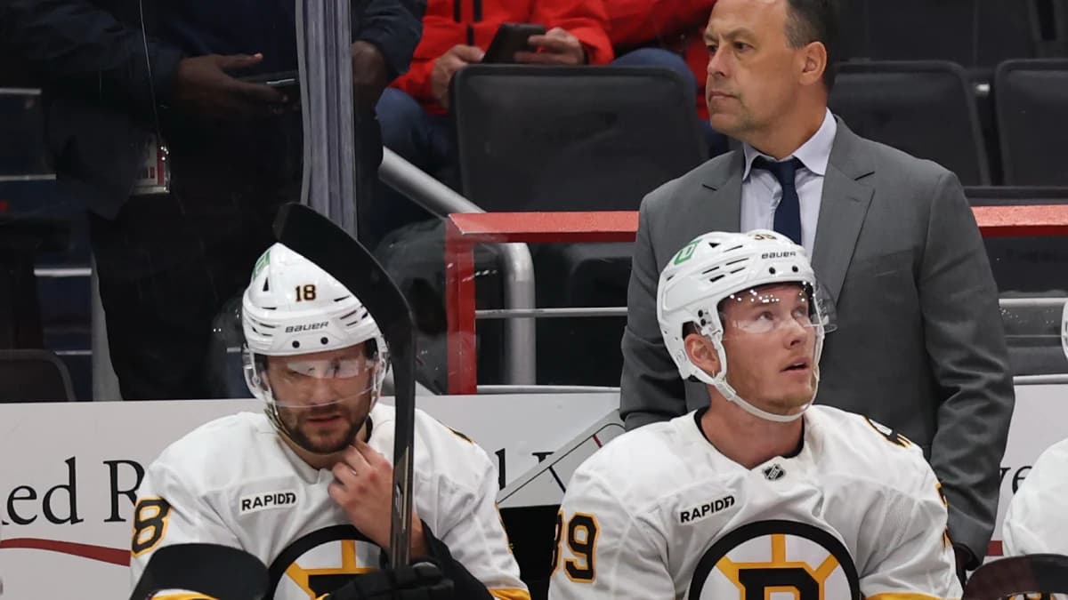 Boston Bruins head coach Marco Sturm looks on from behind the bench against the Washington Capitals during the first period at Capital One Arena.