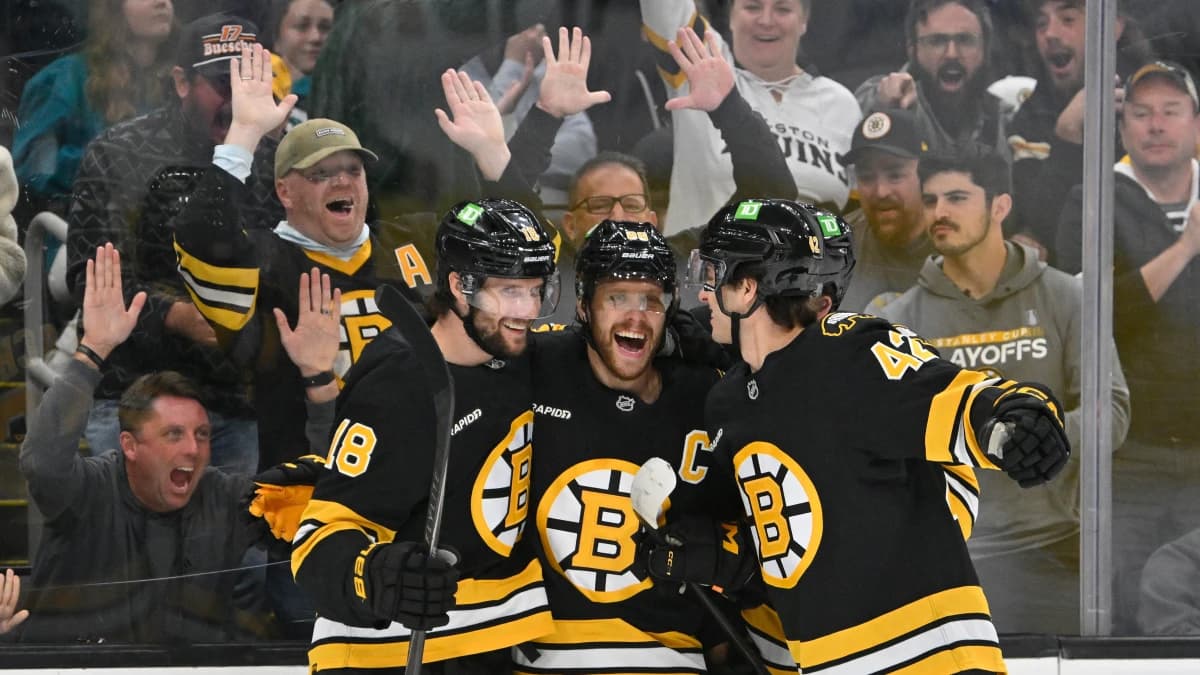Boston Bruins right wing David Pastrnak (88) celebrates a goal against Alex Nedeljkovic (not pictured) with center Pavel Zacha (18) and defenseman Frederic Brunet (42) during the third period at TD Garden.