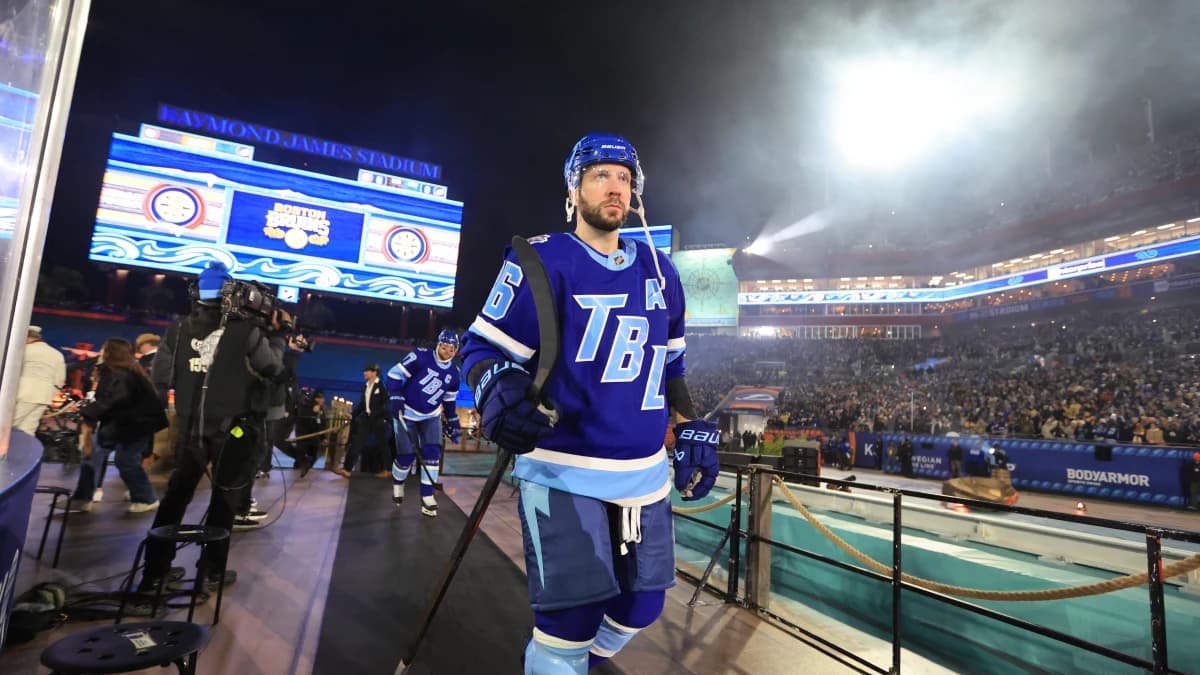 Tampa Bay Lightning right wing Nikita Kucherov (86) makes his way to the ice in the 2026 Stadium Series ice hockey game against the Boston Bruins at Raymond James Stadium.